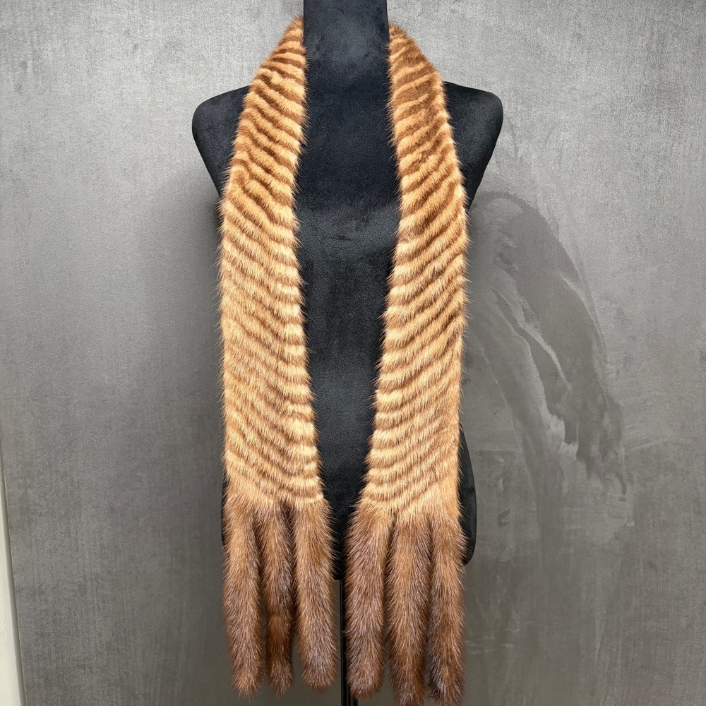 Vintage Mink Fur Scarf Womens Brown Chevron Pattern Satin Lined Tail Fringe